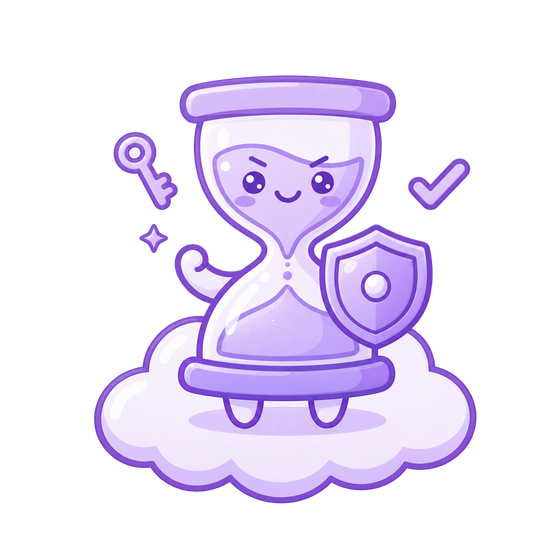 TimeBack's hourglass guardian, holding a shield and key on a cloud