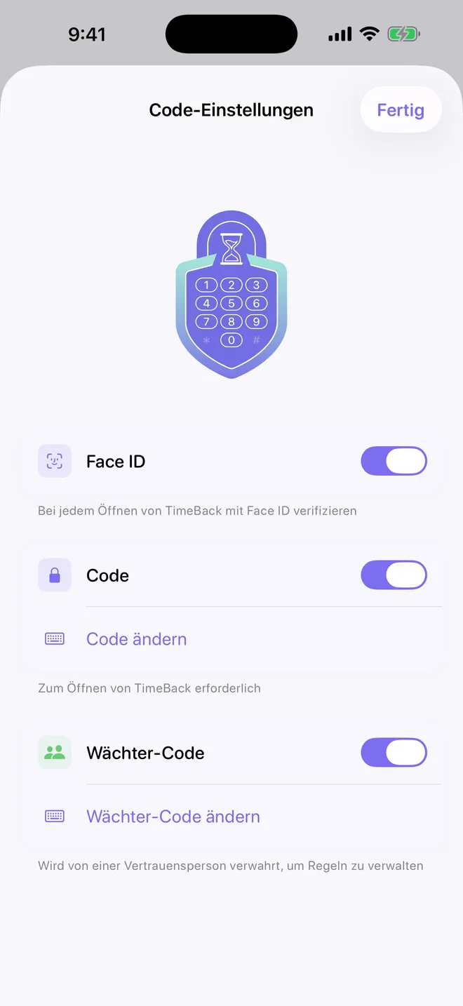 TimeBack-Code-Einstellungen mit Face ID, Code und Wächter-Code
