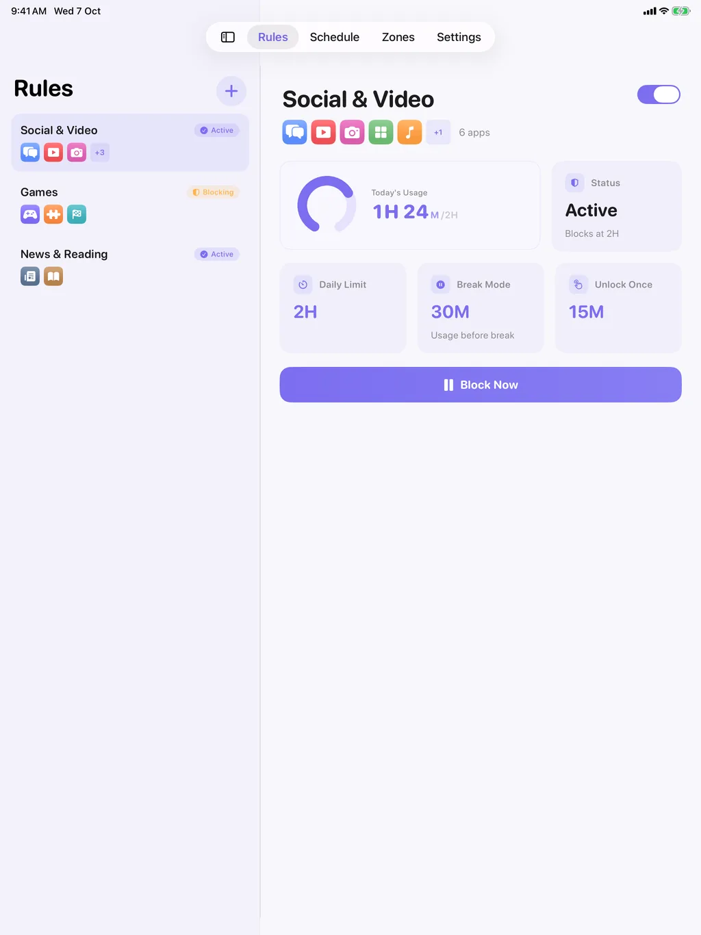 TimeBack on iPad: the rules list beside the selected rule's dashboard