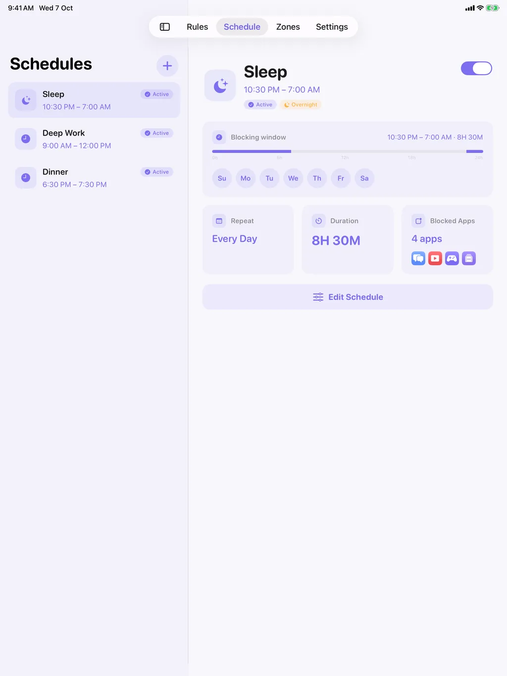 TimeBack on iPad: the schedules list beside the schedule's dashboard
