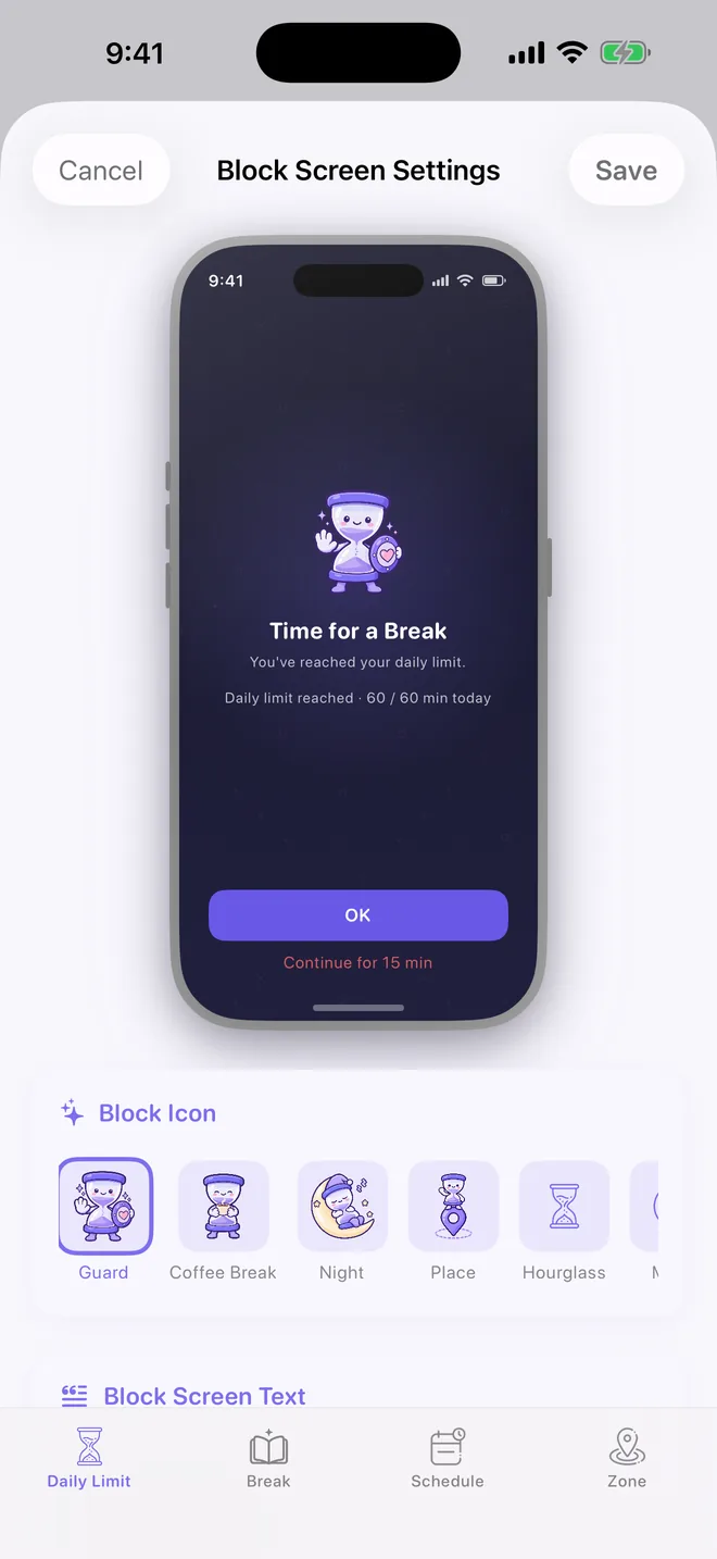TimeBack Block Screen Settings with a preview of the block screen