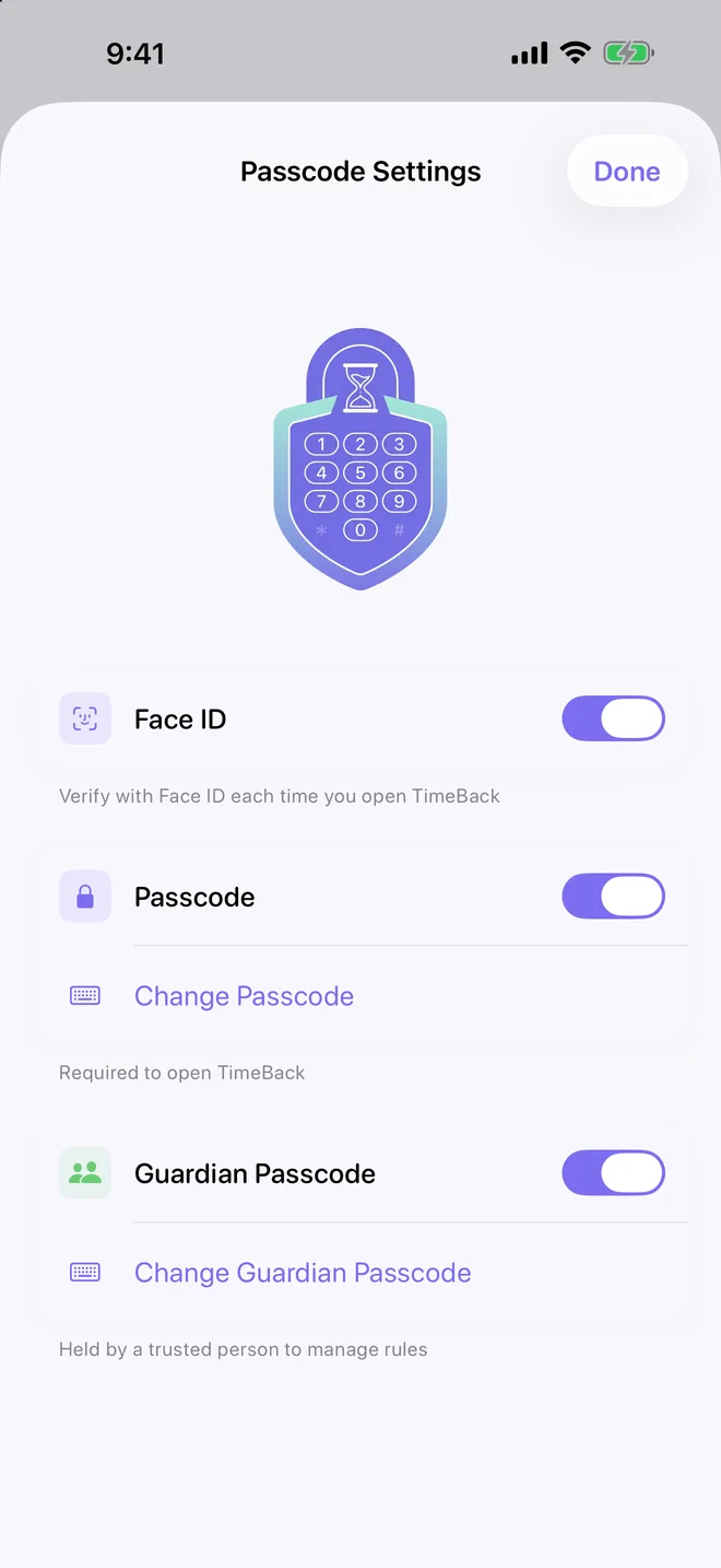 TimeBack Passcode Settings with Face ID, Passcode and Guardian Passcode