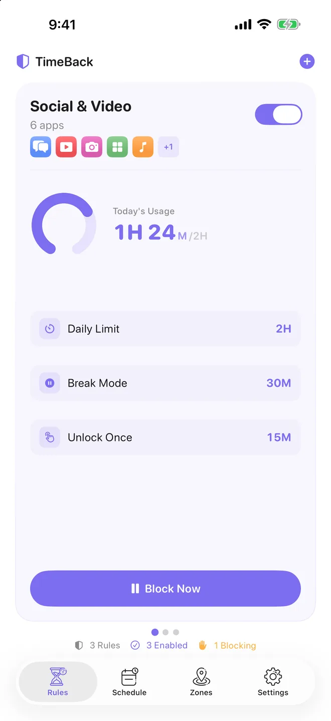 TimeBack Rules screen showing today's usage, Daily Limit and Break Mode