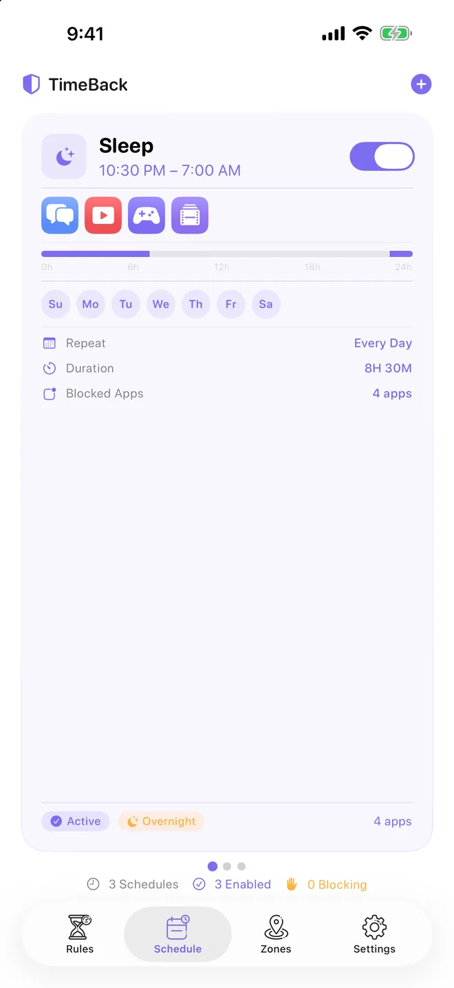 TimeBack sleep schedule from 10:30 PM to 7:00 AM