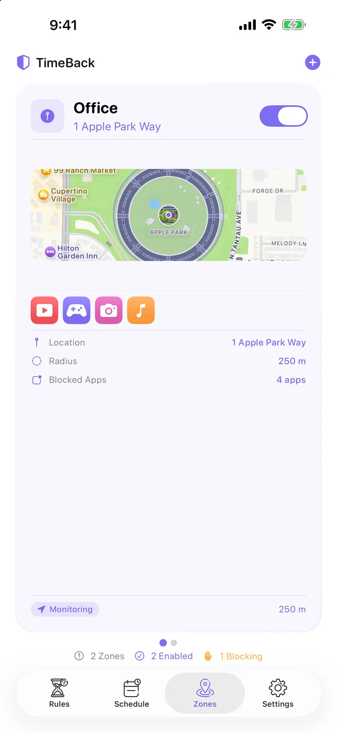 TimeBack zone on a map with its blocking radius