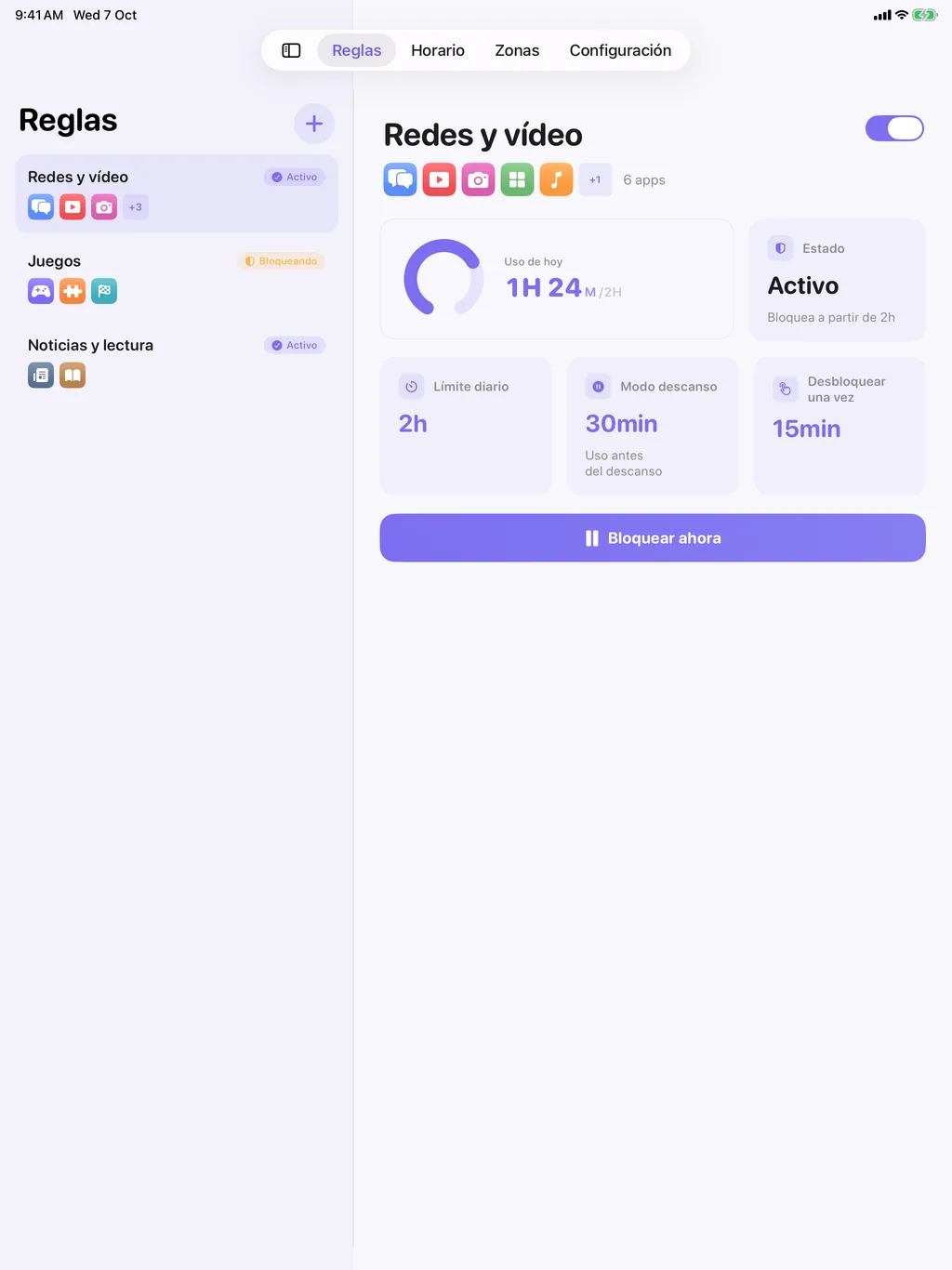 TimeBack en el iPad: la lista de reglas junto al detalle de la regla elegida