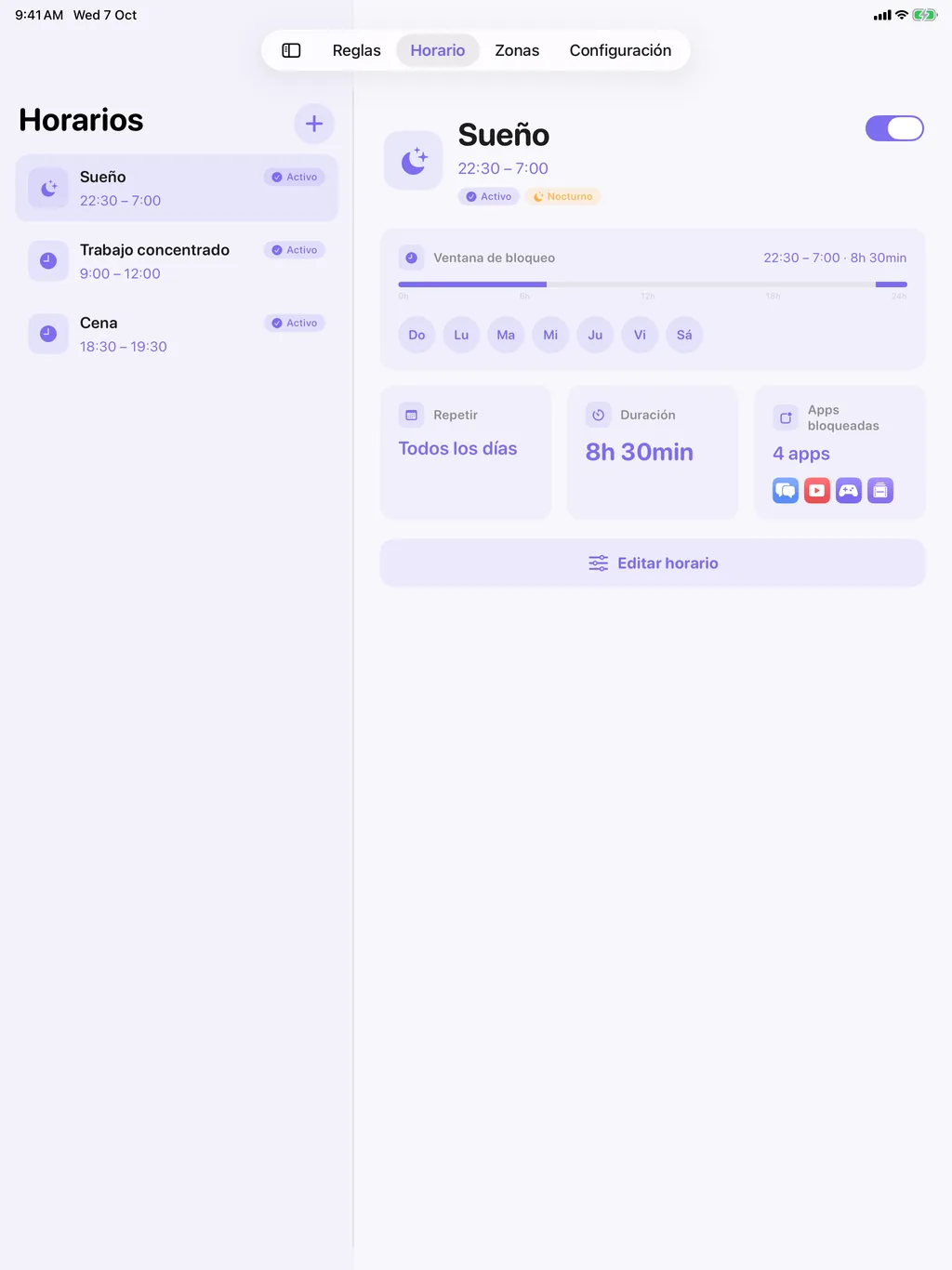 TimeBack en el iPad: la lista de horarios junto a su detalle