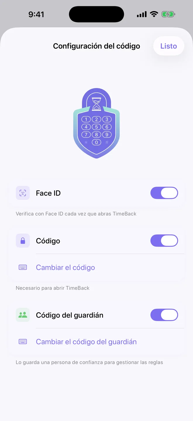Configuración del código de TimeBack con Face ID, código y código del guardián