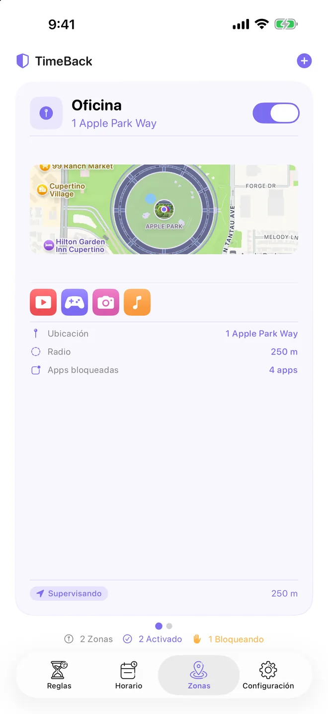 Zona de TimeBack en un mapa con su radio de bloqueo