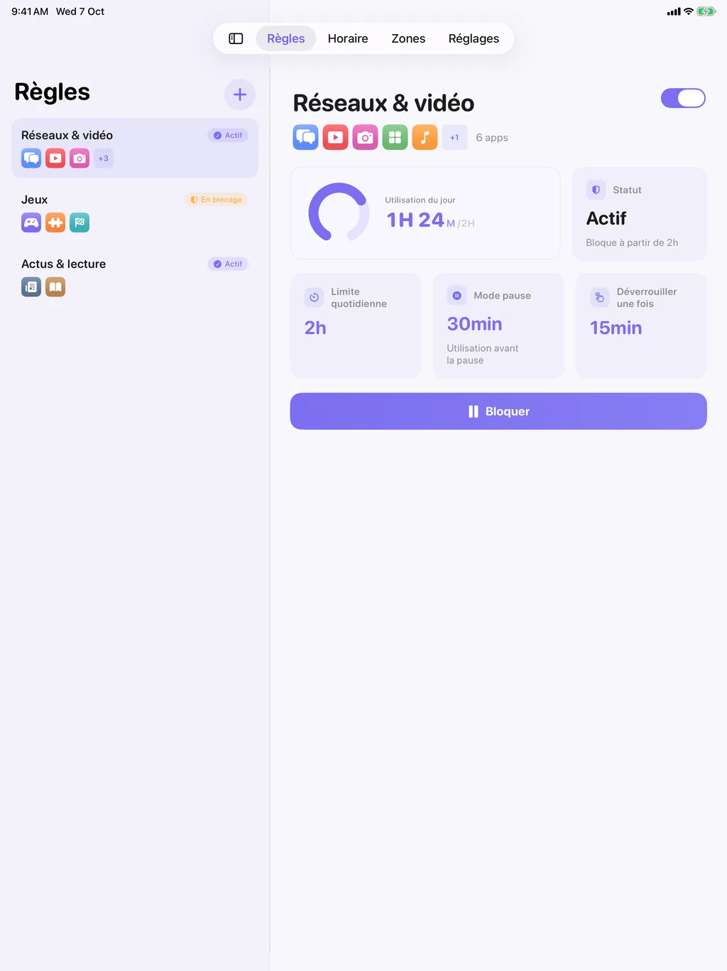 TimeBack sur iPad : la liste des règles à côté du détail de la règle choisie