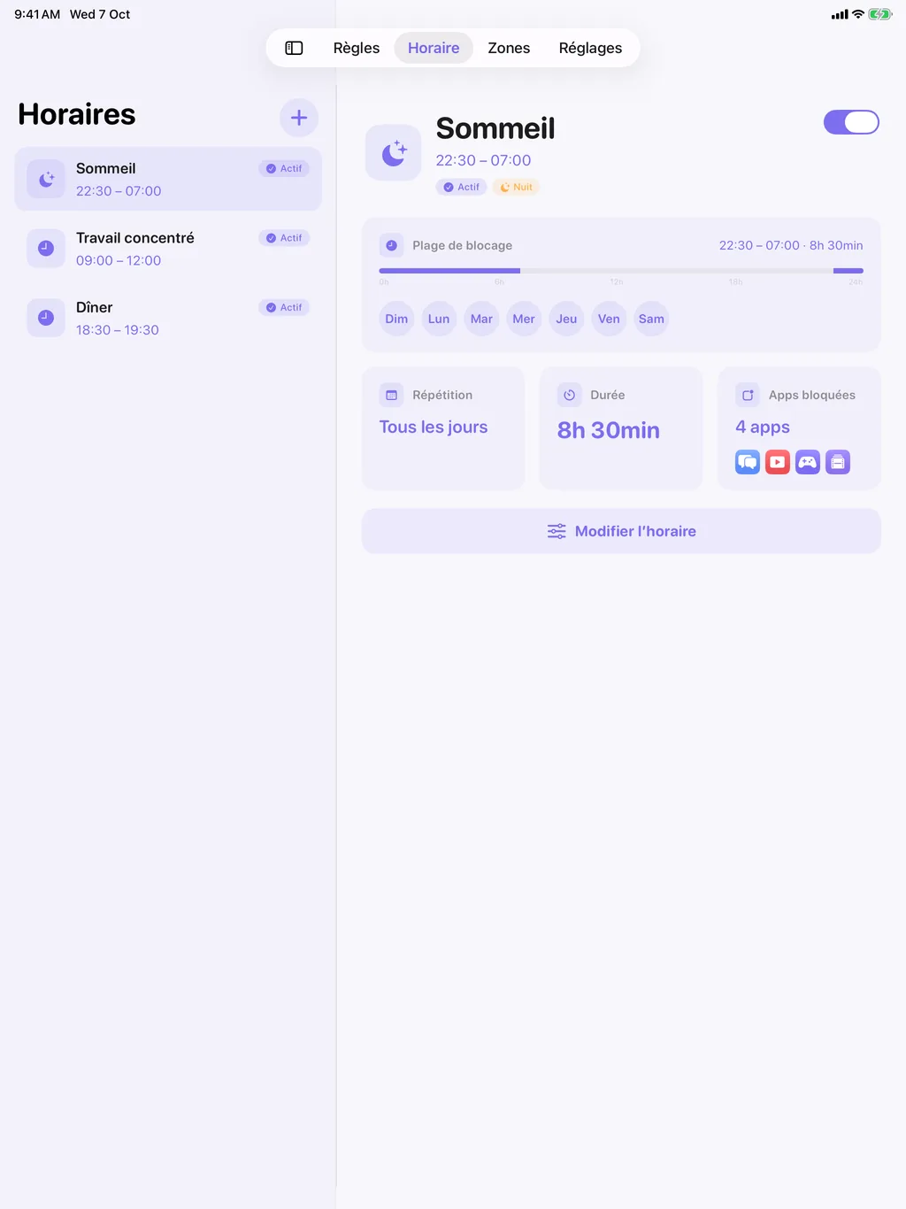 TimeBack sur iPad : la liste des horaires à côté de leur détail