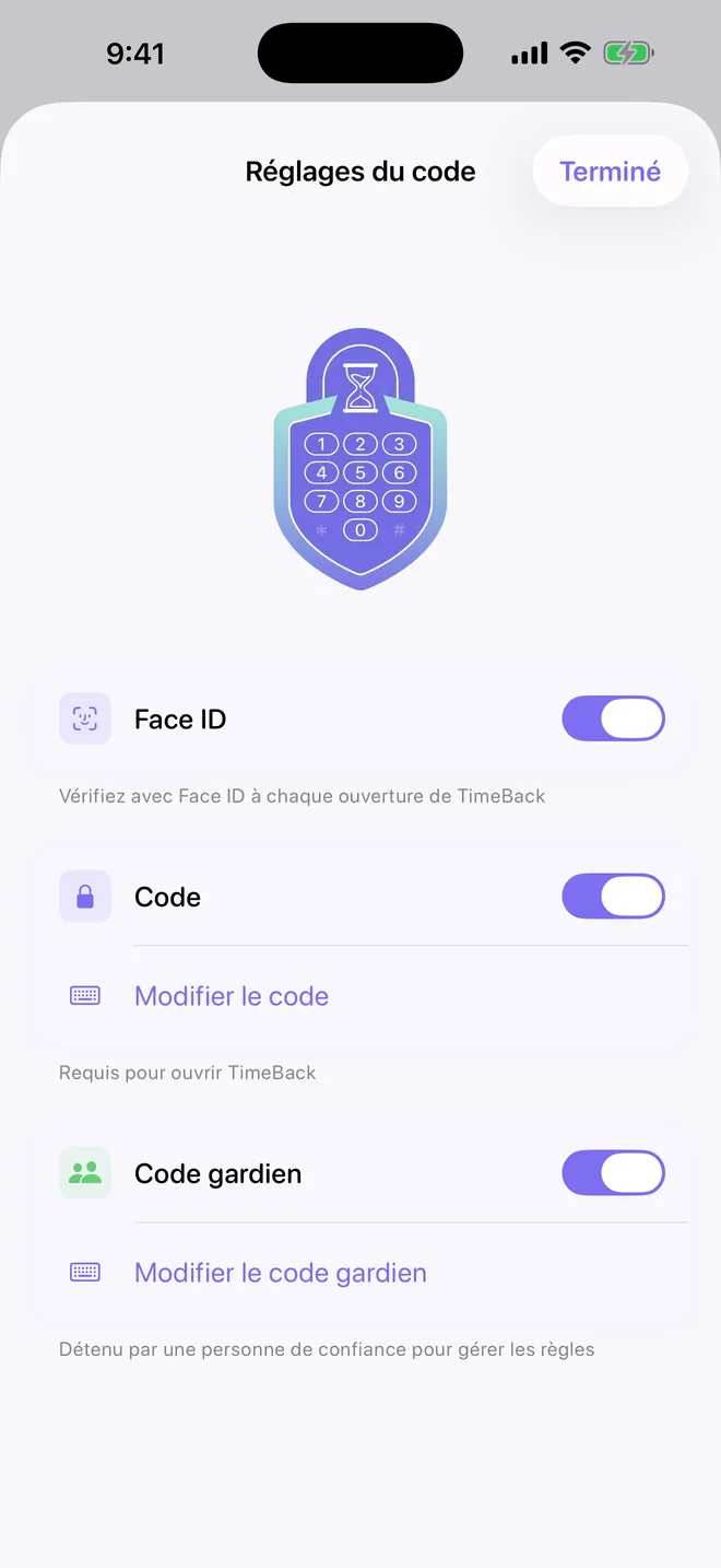 Réglages du code de TimeBack avec Face ID, code et code gardien