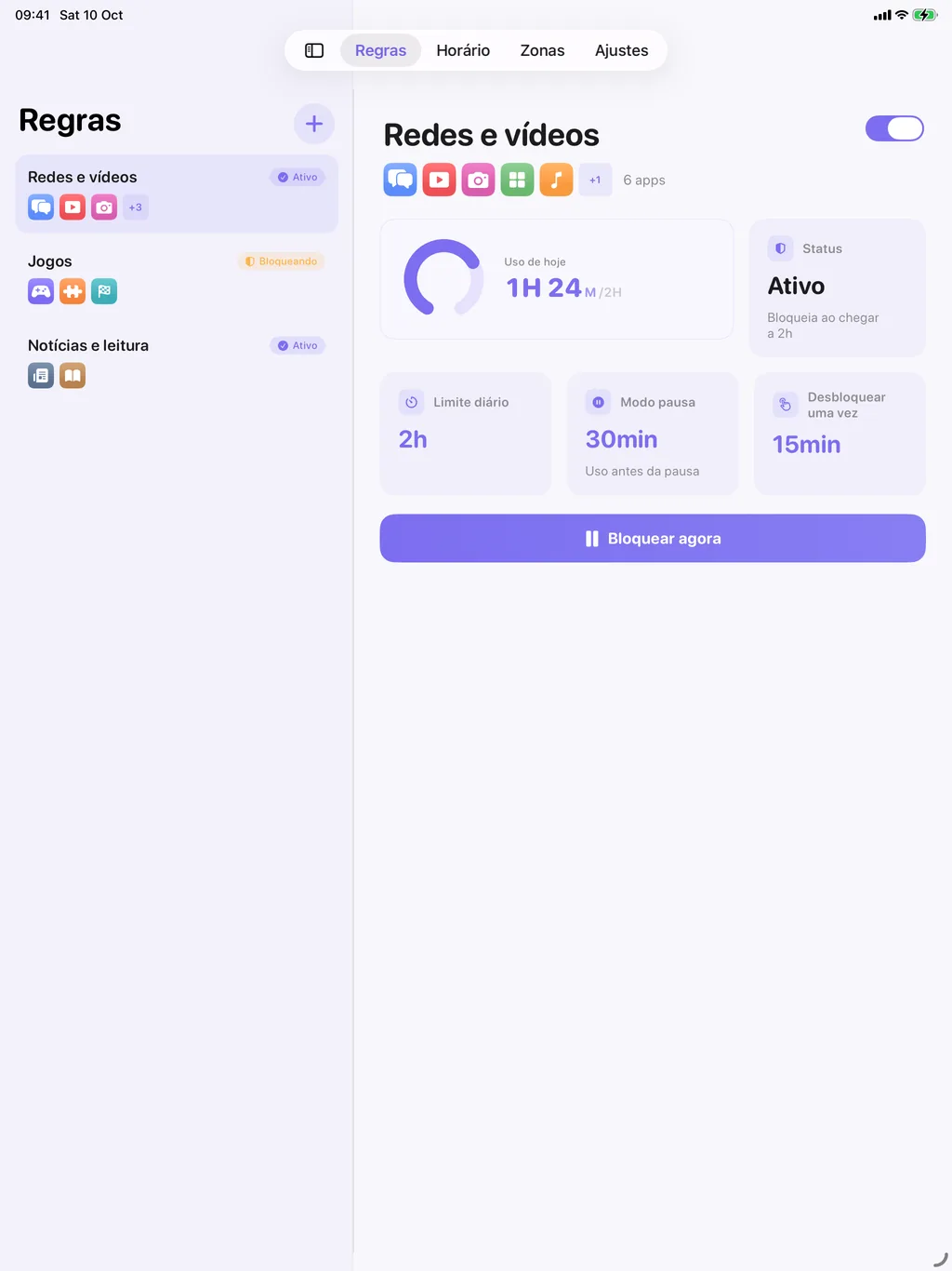 TimeBack no iPad: a lista de regras ao lado do painel da regra escolhida