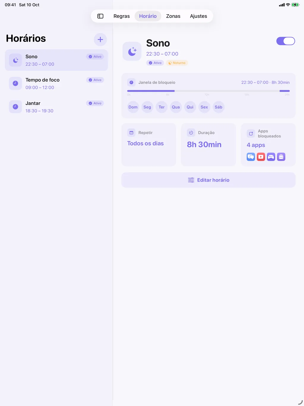 TimeBack no iPad: a lista de horários ao lado do painel do horário
