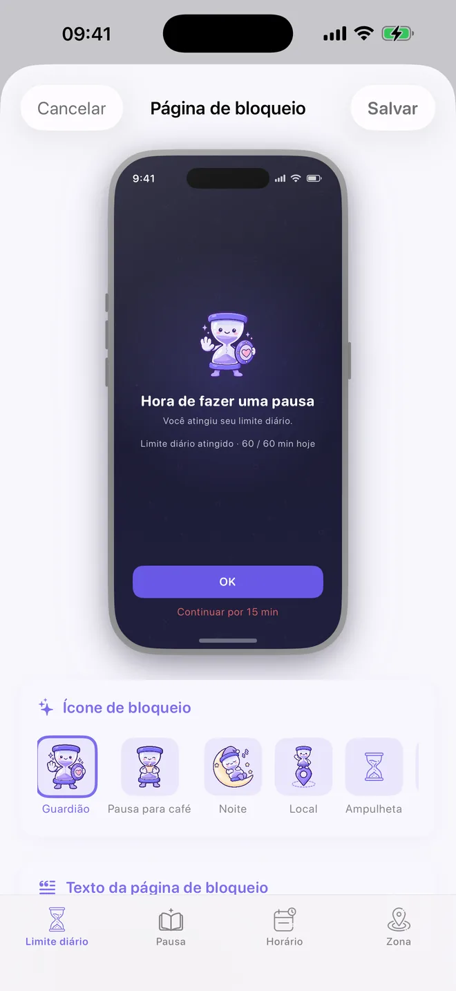 Ajustes da página de bloqueio do TimeBack com uma prévia da página
