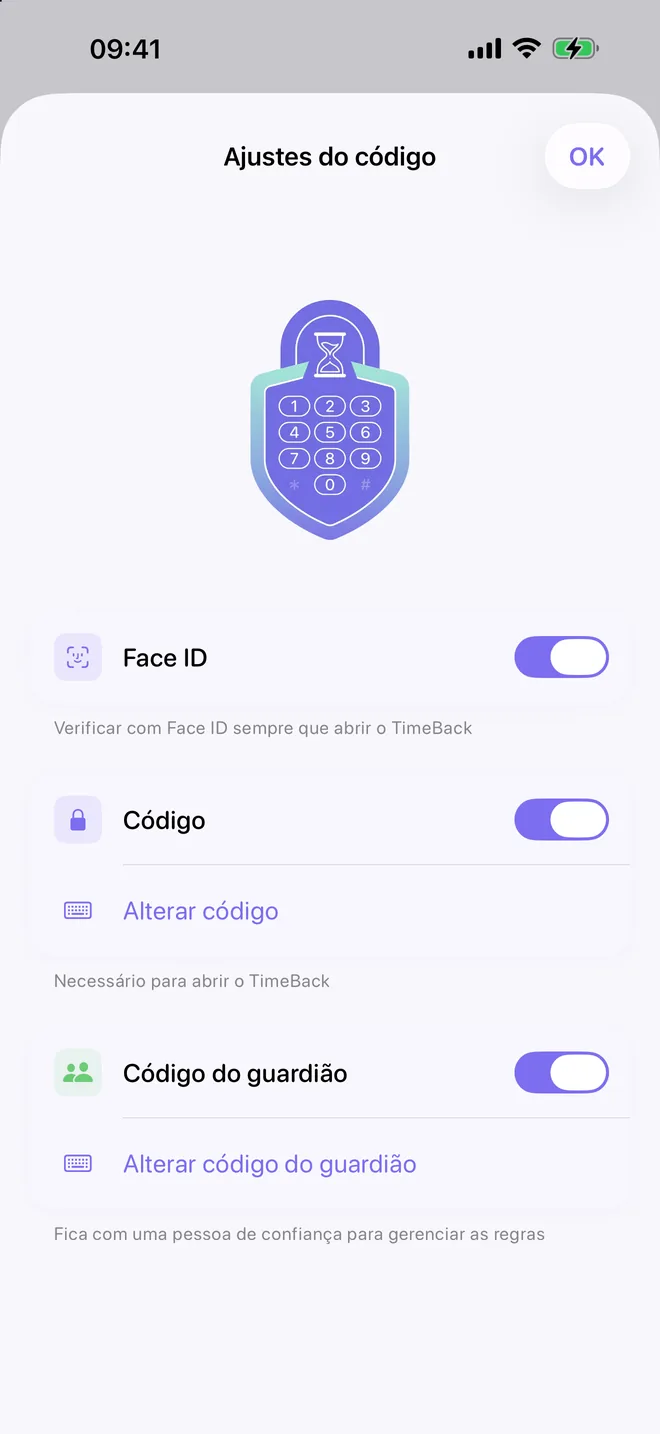 Ajustes do código do TimeBack com Face ID, código e código do guardião