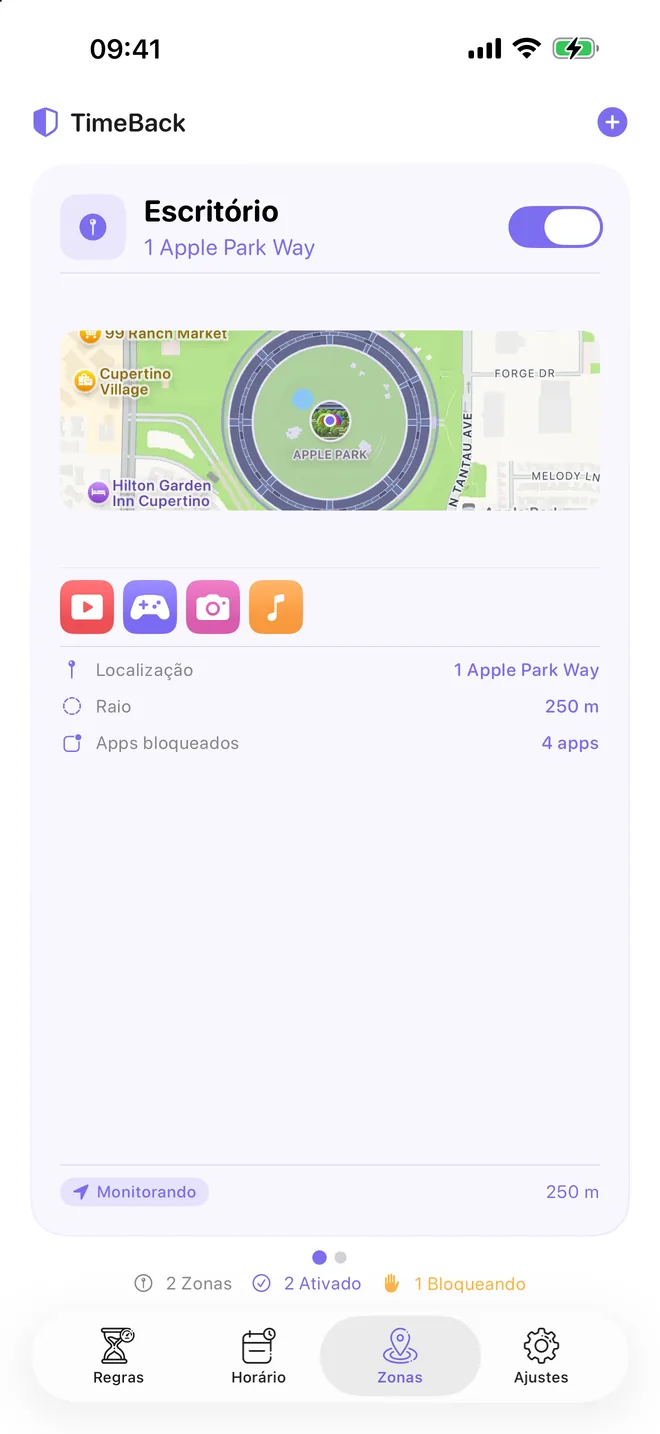 Zona do TimeBack num mapa com o raio de bloqueio