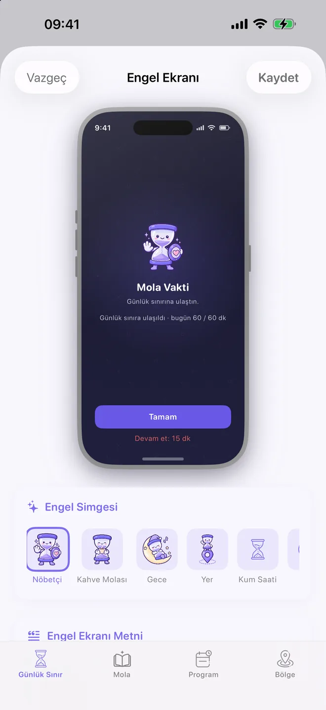 TimeBack Engel Ekranı ayarları ve engel ekranı önizlemesi