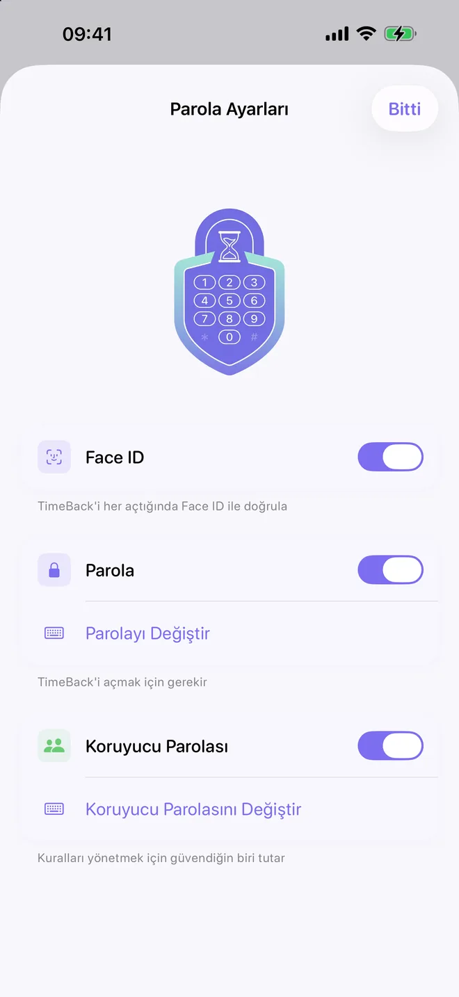 TimeBack Parola Ayarları: Face ID, Parola ve Koruyucu Parolası